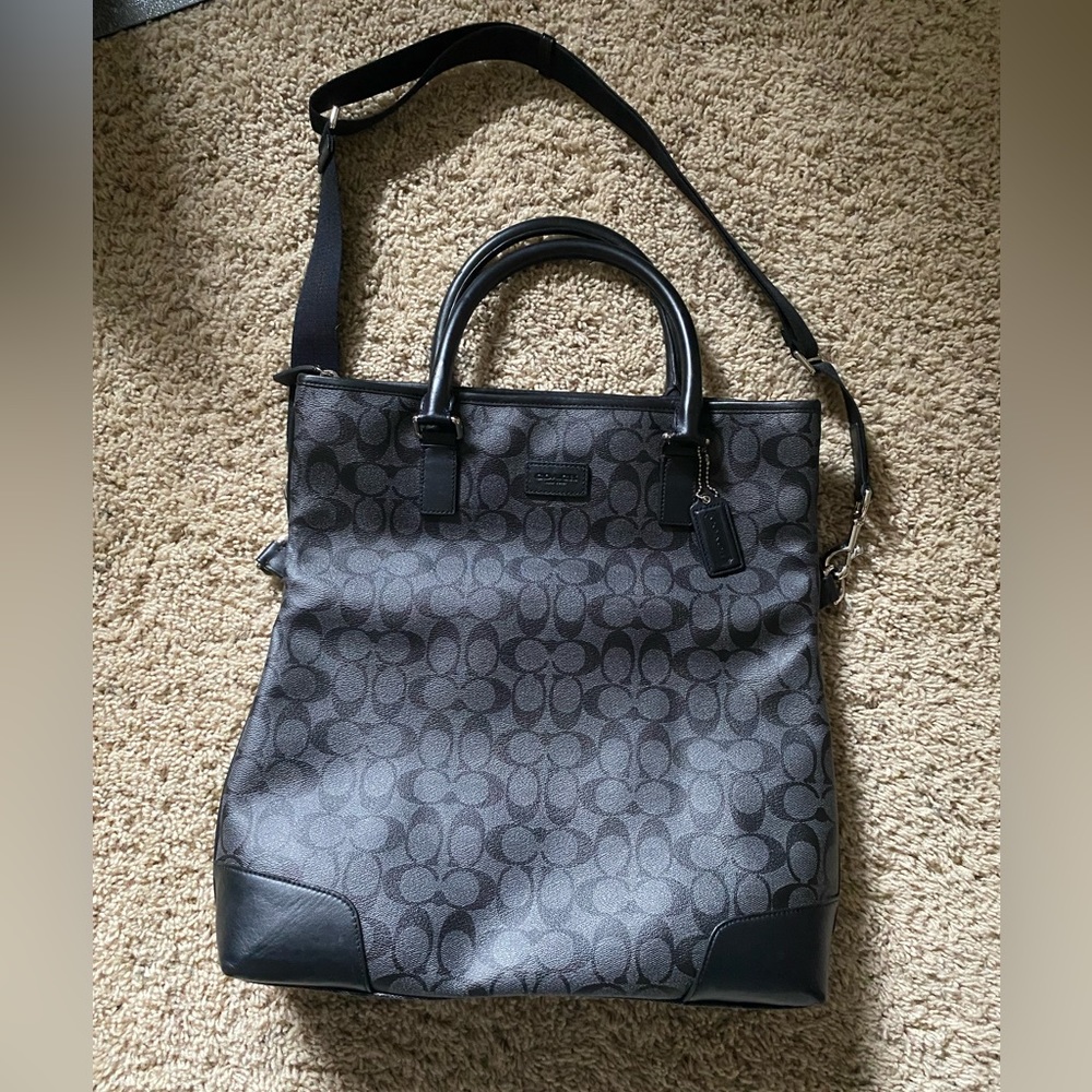 Black and gray Coach messenger bag